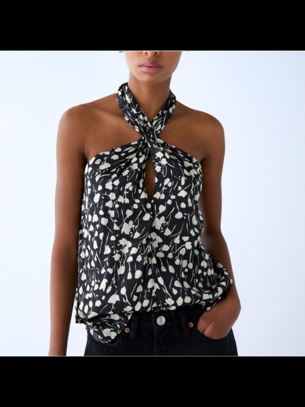 Zara Black & Cream Twist Halter Floral Camisole